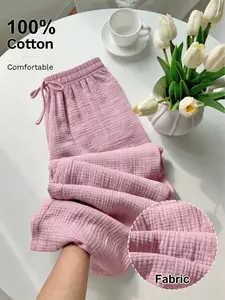 Women’s 100% pure cotton home casual pants with a ruched texture; elastic drawstring waist; cloud-like softness and breathability; wide-leg long pants; lightweight, skin-friendly, comfortable loose fit; suitable for all-day wear, sleep, vacations, and eve