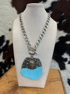 Art By Amy 20" Native Chief & Turquoise Stone Large Chain Link Silver Necklace