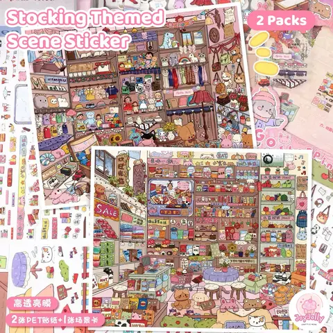 Stocking Themed Sticker Collage Pack - 2-In-1 2-Pack Character-Based Cartoon Mini Scene Stickers for Snack Shop Vibes, DIY Crafts (Toys & Hobbies, Scrapbooking & Stamping)