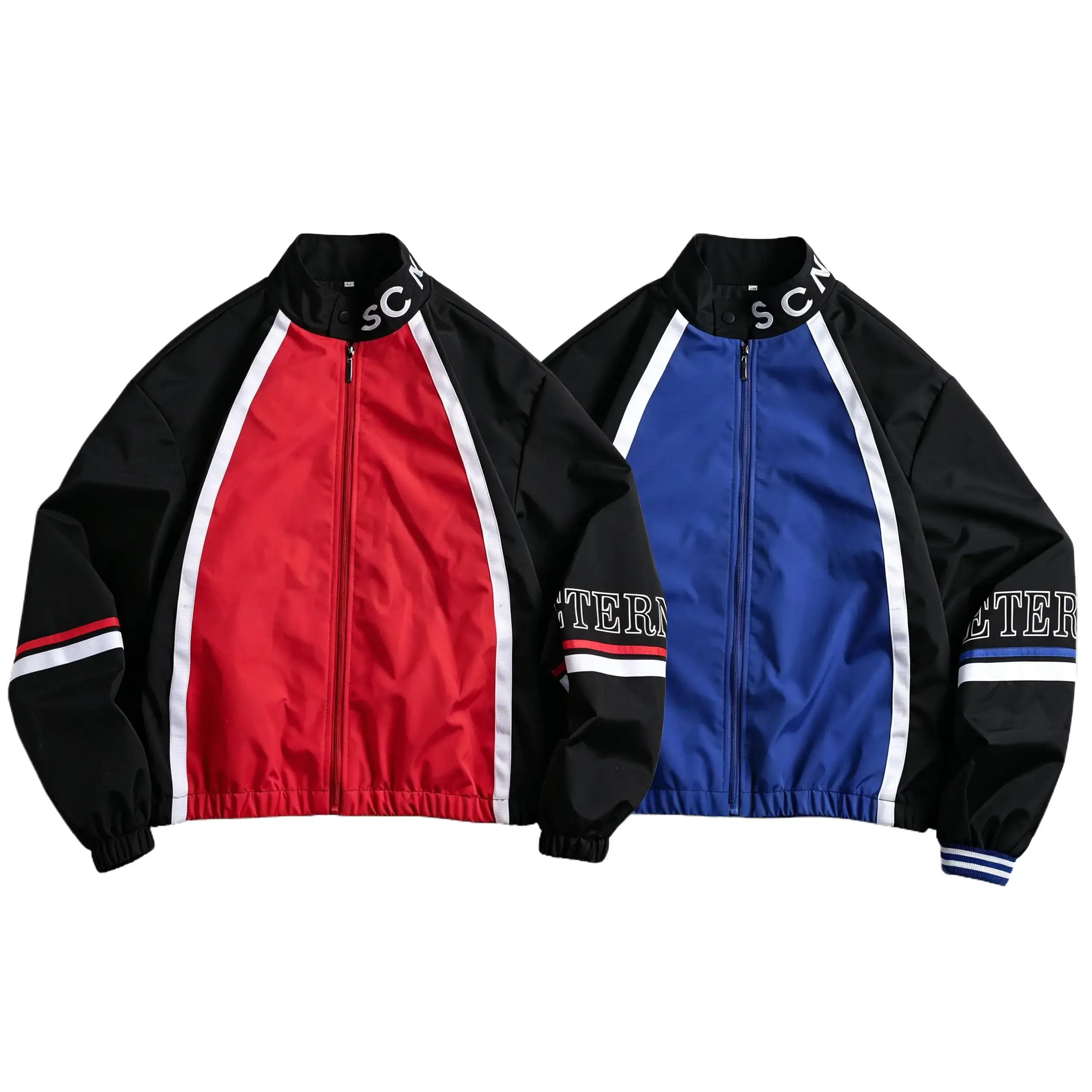 Men’s color-block letter-print jacket, stand collar zip-up windbreaker, suitable for everyday commuting and casual streetwear in spring and autumn.