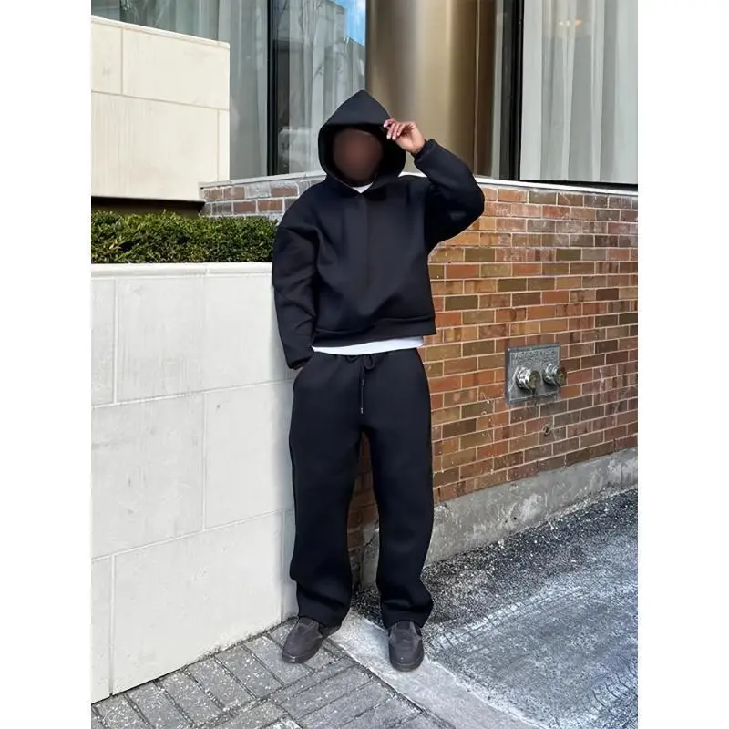 SHO-2pcs Men'S Polyester Tracksuit Set, Casual Hooded Sweatsuit, Solid Color, Long Sleeve Hoodie with Pockets & Matching Pants, Slight Stretch, for Fall/Winter SHO-2pcs Men'S Polyester Tracksuit Set, Casual Hooded Sweatsuit, Solid Color, Long Sleeve Hoodie with Pockets & Matching Pants, Slight Stretch, for Fall/Winter