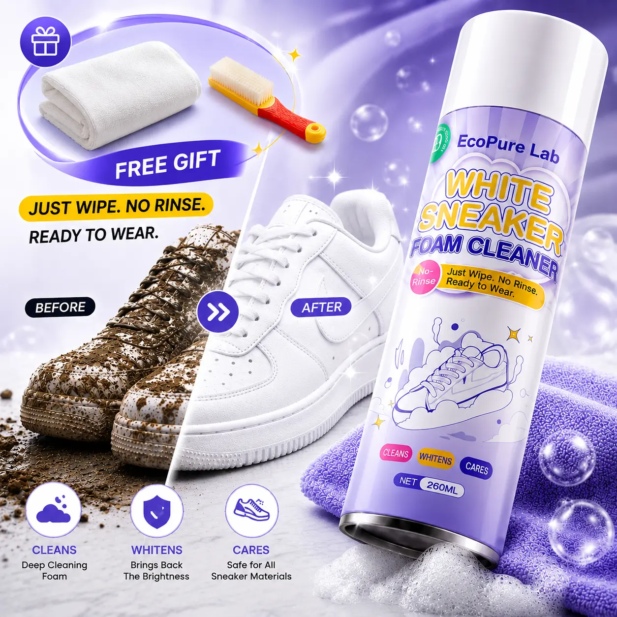 Make Your Shoes Look Brand New  EcoPure White Shoe Cleaner Kit Instant Foam Cleaning – No Water Needed Removes Deep Stains in Seconds Safe for Sneakers, Leather & Mesh Comes with Brush & Towel