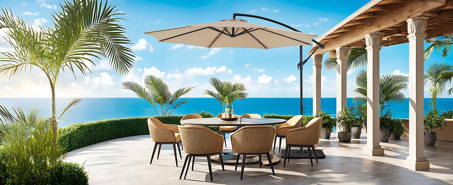 10ft Offset Hanging Market Patio Umbrella w/Easy Tilt Adjustment, Polyester Shade, 8 Ribs for Backyard, Poolside, Lawn and Garden