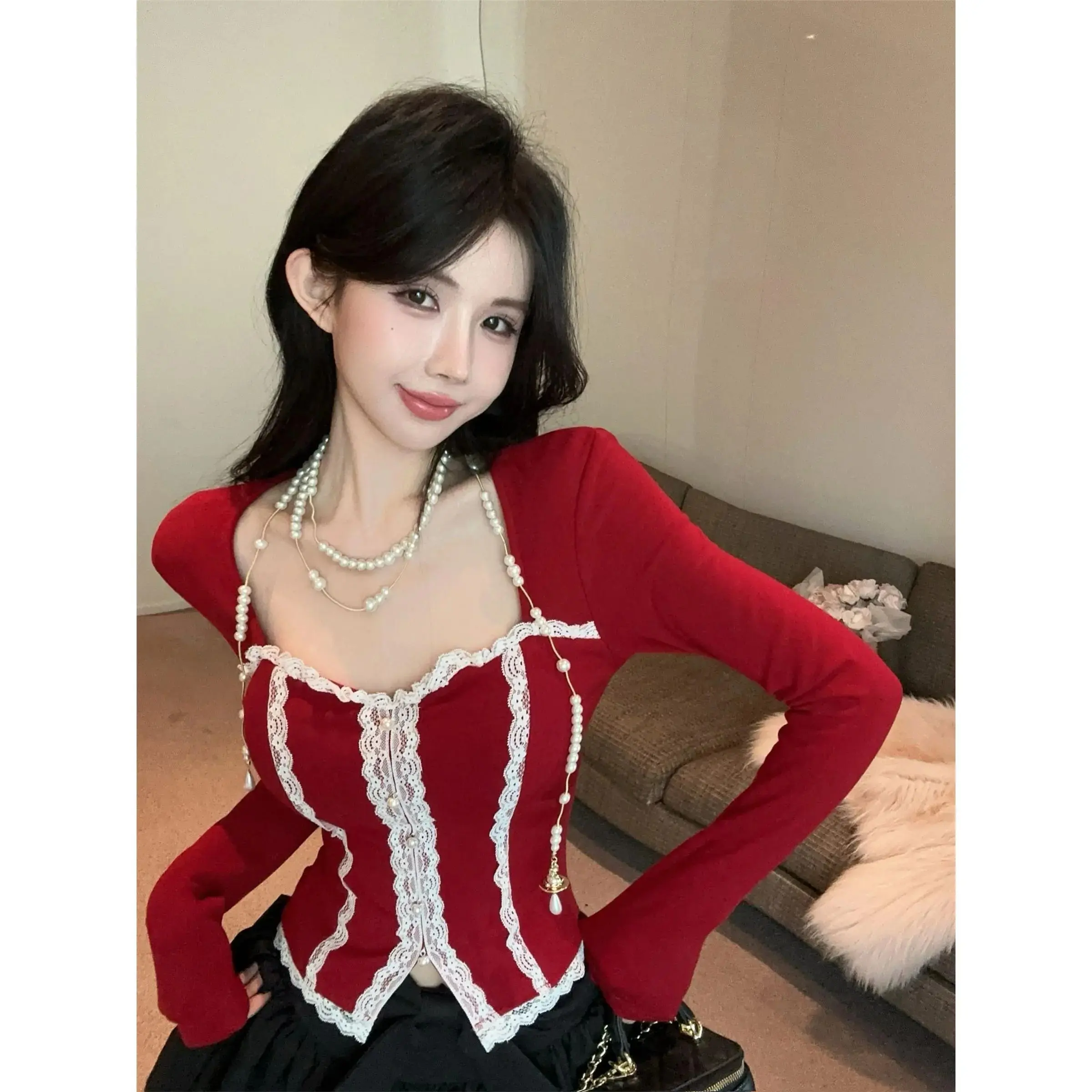 Elegant Red Lace Trim Thermal Top - Fleece-Lined Built-In Bra Slim Fit Base Layer for Christmas & New Year