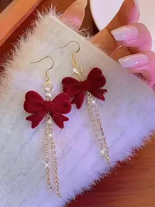 Pair of Fashionable Red Flocked Bow Pendant High Quality Earrings - Sparkling Rhinestones, Suitable for Christmas, Casual Wear, Daily Wear