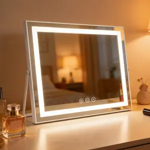 Hollywood Style LED Vanity Mirror for Makeup, Bedroom Dressing Table, 50×40cm White Touch Control with Adjustable Brightness, 3 Light Modes, Rechargeable Light Strip Beauty Mirror