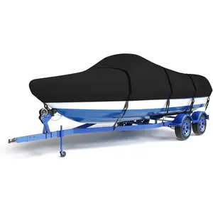 Heavy Duty Waterproof 12-14ft Boat Cover, Marine Grade Trailerable Boat Cover for Bass Boat V-Hull Runabout Fish & Ski, All Weather Protection with Straps, Black