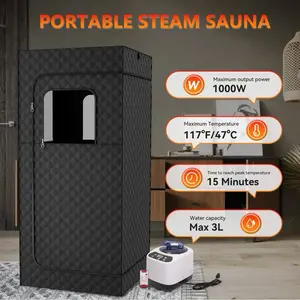 Luxury Portable in Home Sauna 1000W, a maximum water capacity of 3.0 L, It takes 10 minutes to boil the water and 5 minutes for the steam to fill the sauna tent. Our sauna steam box can be operated remotely via remote control setting the heating time and