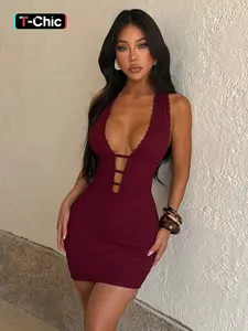 Lace Composite Deep V Backless Sleeveless Fitted Dress, Minimalist, Elegant Evening Wear, Formal Wear, Stylish Party, Comfortable Fit, Perfect for Special Occasions