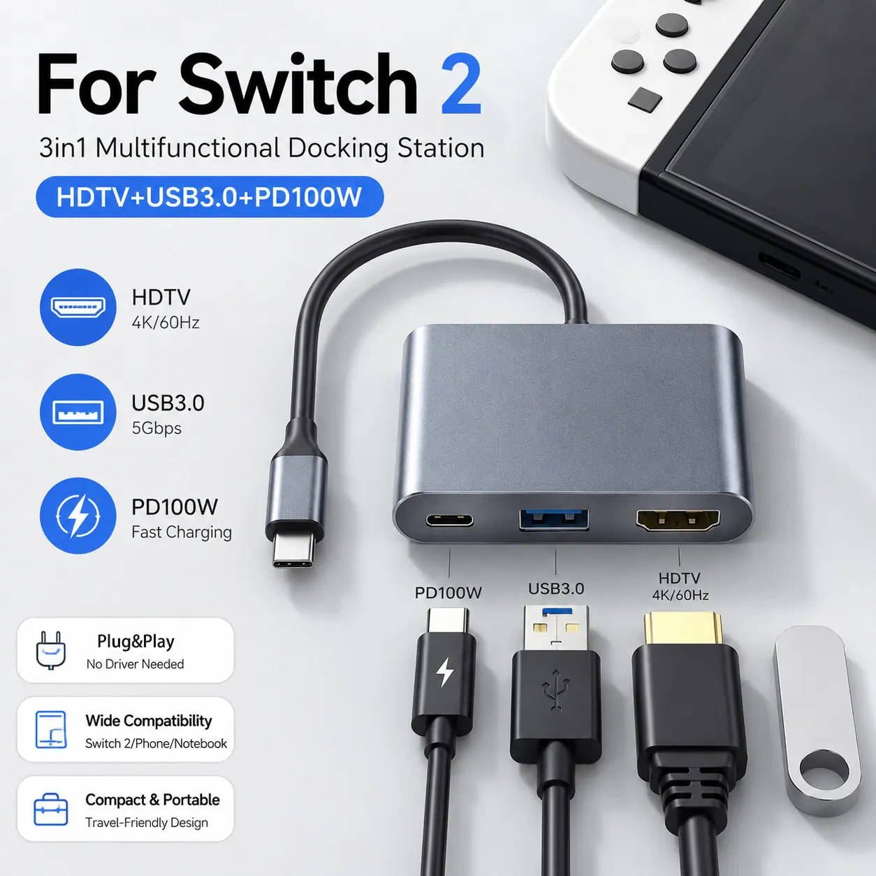 RUNTOGOL Portable USB-C to 4K HDMI Adapter Docking Station - Aluminum Alloy Travel TV Dock for Switch 2/ pc , Steam Deck, 2 USB 3.0 Ports, 100W Max PD Charging,1000M Ethernet, HDR Clarity, Multi-Device Compatible console accessory