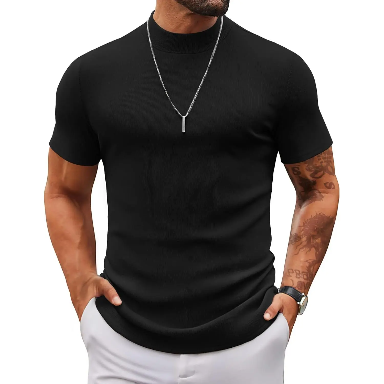 Mens Mock Turtleneck Sweater Short Sleeve Slim Fit Turtle Neck Sweaters Casual Basic Tee Ribbed Knit Pullover Tops Knitwear Menswear