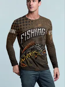 Men's Fishing Fish Print Long Sleeve Top, Dark Crew Neck, Long Sleeves, Machine Washable - Perfect for Outdoor Fishing