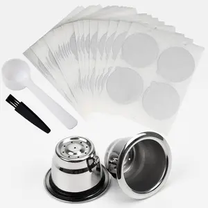 1Set Reusable Espresso Capsules Refillable Coffee Pods Stainless Steel Cups Filters Compatible for Nespresso Original Line Machines with Aluminum Foil Seals Stickers Lids summervibes