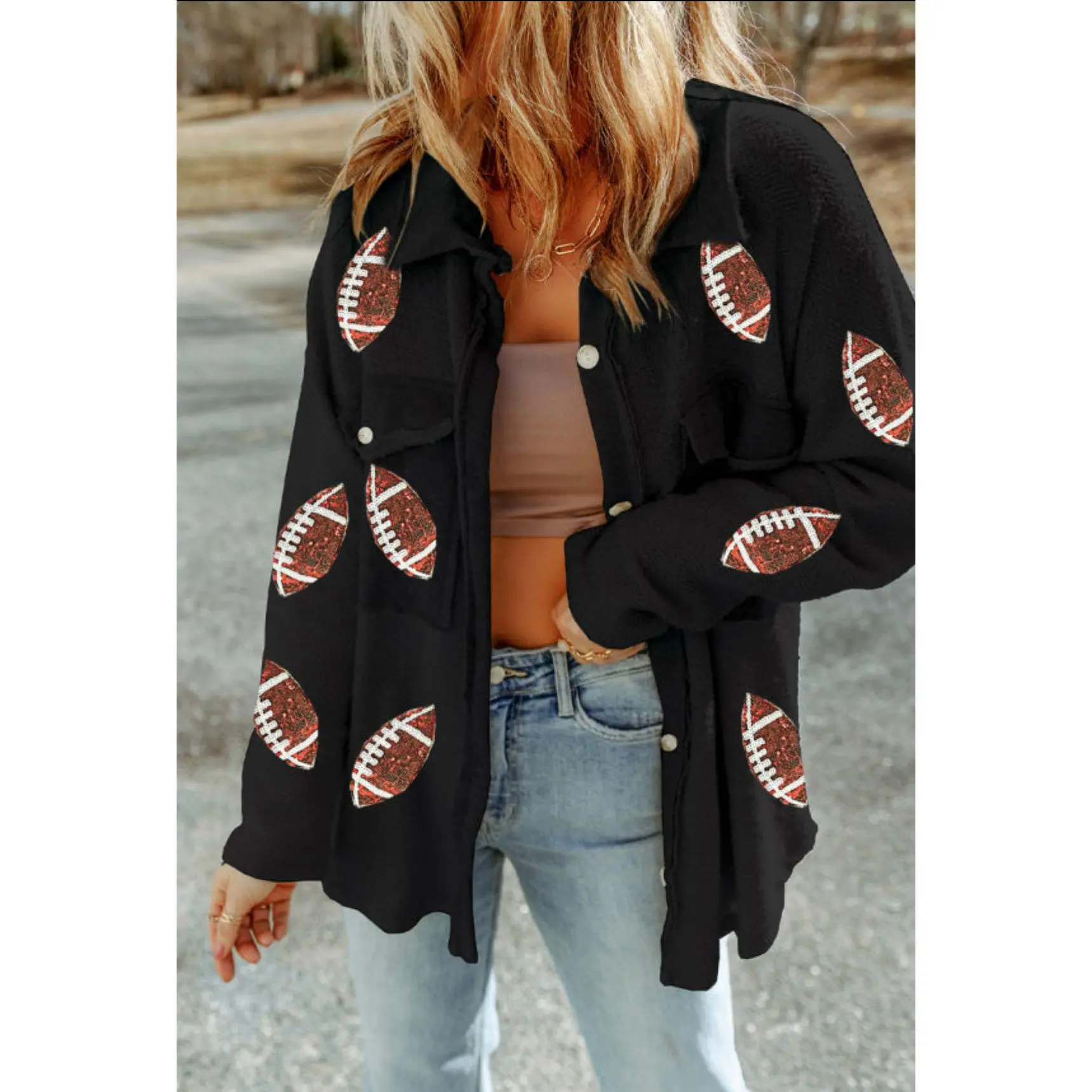 Black Sequined Football Shacket