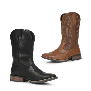 VIMISAOI Cowboy Boots for Men Square Toe Mid Calf Booties Classic Embroidered Pull On Chunky Heels Wide Calf Western Trendy Shoes