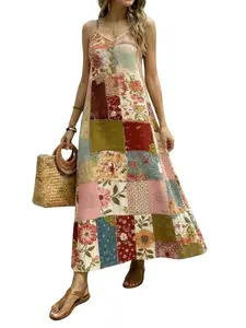 Boho Vintage Patchwork Floral Long Dress, Women's V Neck Thin Strap Spaghetti Strap Asymmetrical Sleeveless Beach Dress, Lightweight Multi-Color Pattern