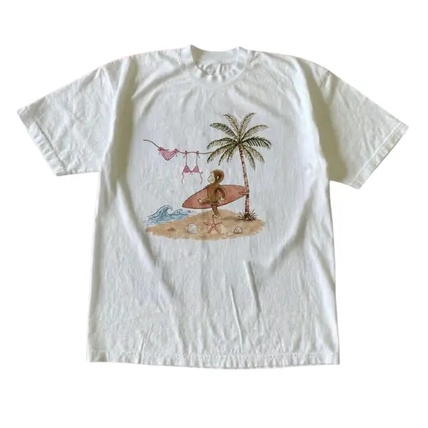 Curious George Surfing Y2K Summer T-Shirt - Vintage Graphic Tee – Menswear & Womenswear – Streetwear Tops – Casual Cotton Crewneck Shortsleeve T-shirt