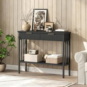 Console Table with 2 Drawers, Narrow Long Entry Table with Storage Shelf, 2-Tier Fluted Entryway Table with 2 Drawers, for Entryway, Living Room, Foyer, Hallway, Office, Black CTHB5101