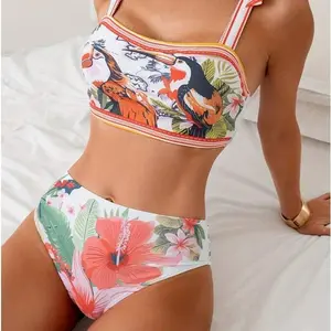 2026 New Spaghetti Strap Swim Skirt Set - Women's Three Piece Bathing Suit - Mini Skirt, Tie Detail, Fashion Print - Beach Pool Holiday Swimwear