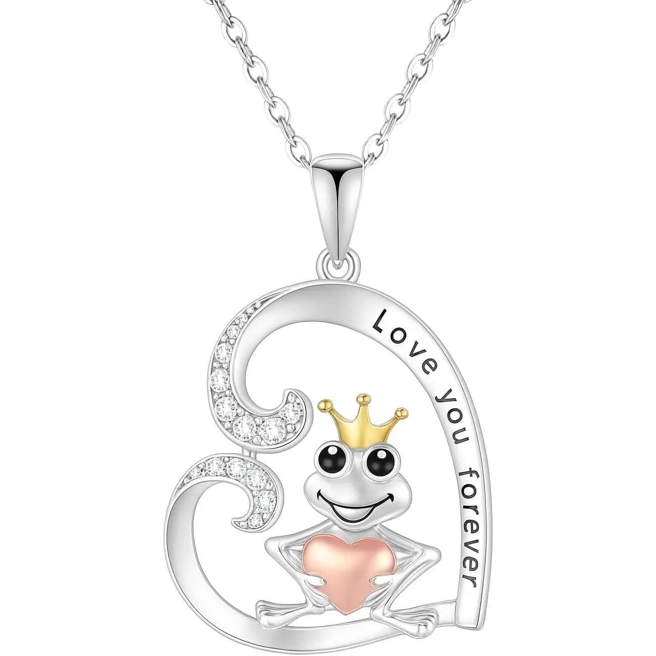 SUPAC Frog Prince Charming Animal Pendant, Silver-Tone Costume Jewelry Necklace with 'Love You Forever' Inscription and Resin Gem, Gift Ideas