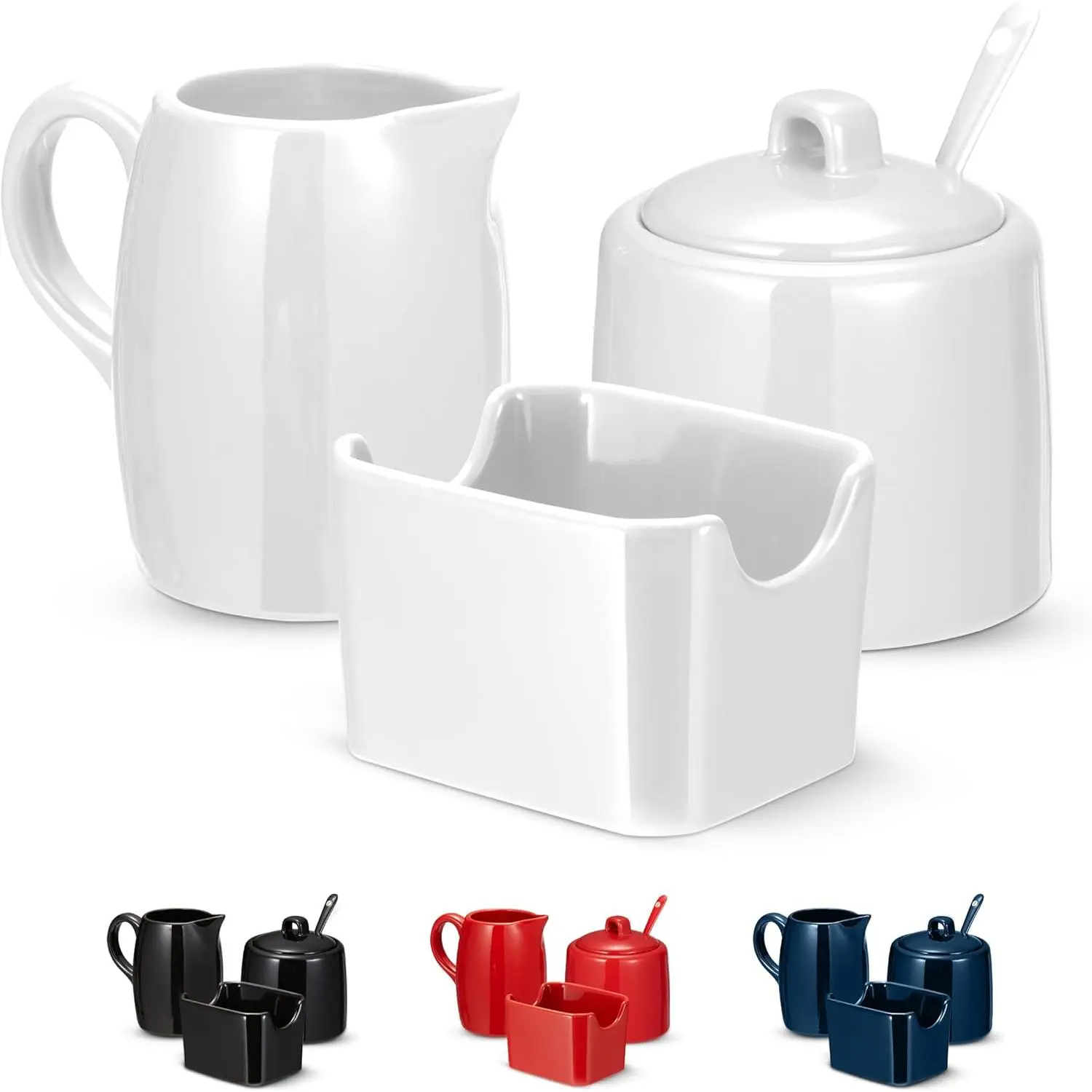 Classic Ceramic 3-Piece Coffee Set - Microwave Safe, Easy Clean, Compact Pitcher, Lidded Sugar Bowl with Spoon, Sweetener Holder (White), Smooth and Sturdy, Perfect Size for Home Coffee Bar