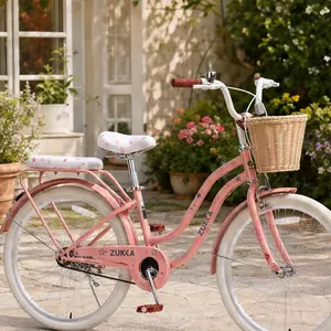ARCH 24 Inch Cruiser Bike for Girls Women Single Speed Commuter Bicycle with Wicker Basket Rear Rack High Carbon Steel Frame Comfort City Bike for Outdoor Riding Peach Pink Color, Peach Color Options, Steel Material, Product Weight: 31.97 lb