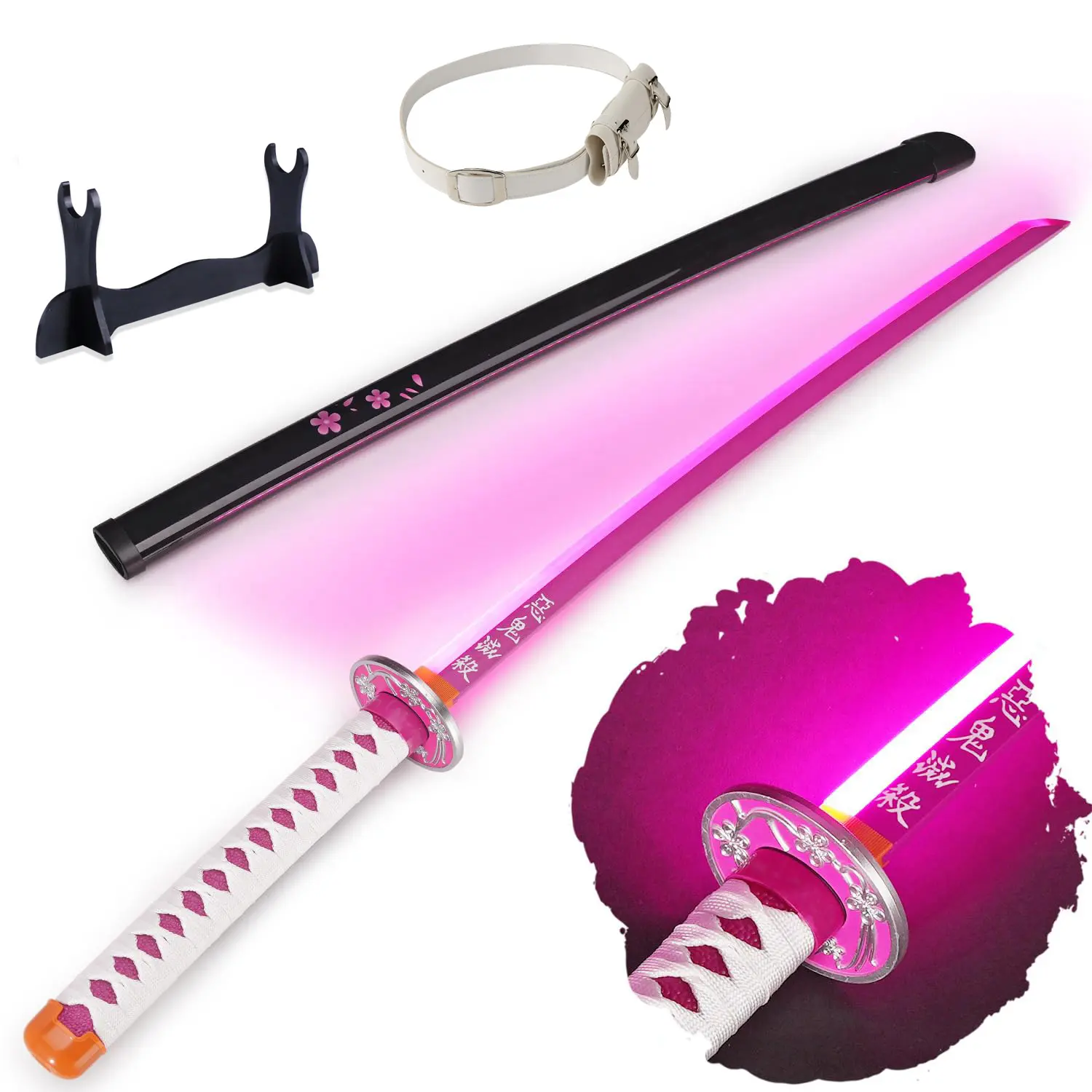 Tsuyuri Kanao Light Up Sword, 41-Inch Plastic Demon Slayer Cosplay Replica with Belt & Display Stand, Unisex Item for Anime Fans & Collectors