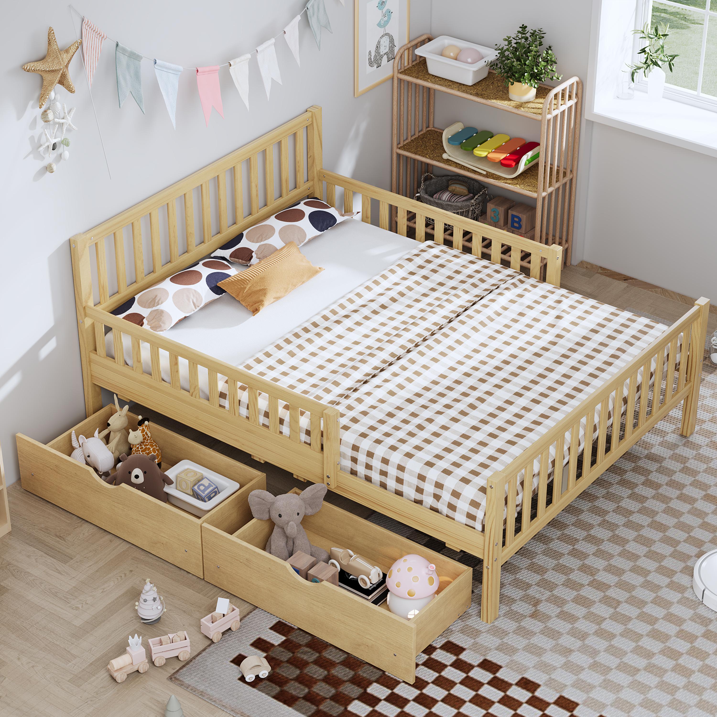 Eyisean Full Size Wooden Slat Support Platform Beds, Safety Bed Frame with Three-Side Guardrails, Space-Saving Daybed with Storage Drawers & Headboard, No Box Spring Needed, Easy Assembly for Bedroom Eyisean Full Size Wooden Slat Support Platform Beds, Safety Bed Frame with Three-Side Guardrails, Space-Saving Daybed with Storage Drawers & Headboard, No Box Spring Needed, Easy Assembly for Bedroom