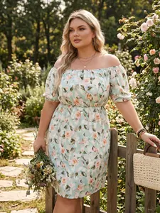 Gentle printed off-shoulder waist-cinching mini dress, one-shoulder loose plus-size dress