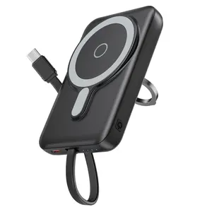 10000mAh Magnetic Wireless Charging Power Bank, 15W Wireless, 20W PD Fast, Built-In USB-C Cable, USB-C Output/Input, Ring Buckle Phone Stand, Pocket-Sized Chargeable Accessory For Smartphones & Devices, Fathers' On-The-Go Smartphone Accessories