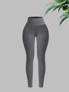 Women's Solid Ribbed Skinny Pants, Stretchy High Waisted Casual Comfy High Waist Leggings for Daily Wear, Ladies Bottoms for All Seasons