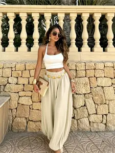 Summer Women's Casual Fashion Solid Color Long Pants, Casual Trousers, Loose Fit Elastic Waist Lantern Pants, Ideal for Everyday Wear