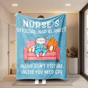 Cute Nurse Cat Print Blanket, Light Blue Background Design, Soft Comfortable Fabric, Suitable for Office Naps and Home Leisure