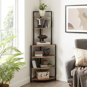 6-Tier Corner Open Shelf Modern Bookcase Wood Rack Freestanding Shelving Unit,Plant Album Trinket Sturdy Stand Small Bookshelf Space-Saving for Living Room Home Office Kitchen Small Space Rustic Brown -W2167P147868