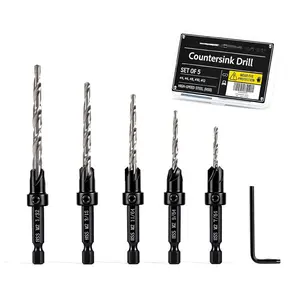 5 count Tapered Countersink Drill Bit Set for , #4#6#8#10#12, HSS, 1/4" Hex Quick Change Shank, Adjustable Depth Stop,  Hole + Countersink