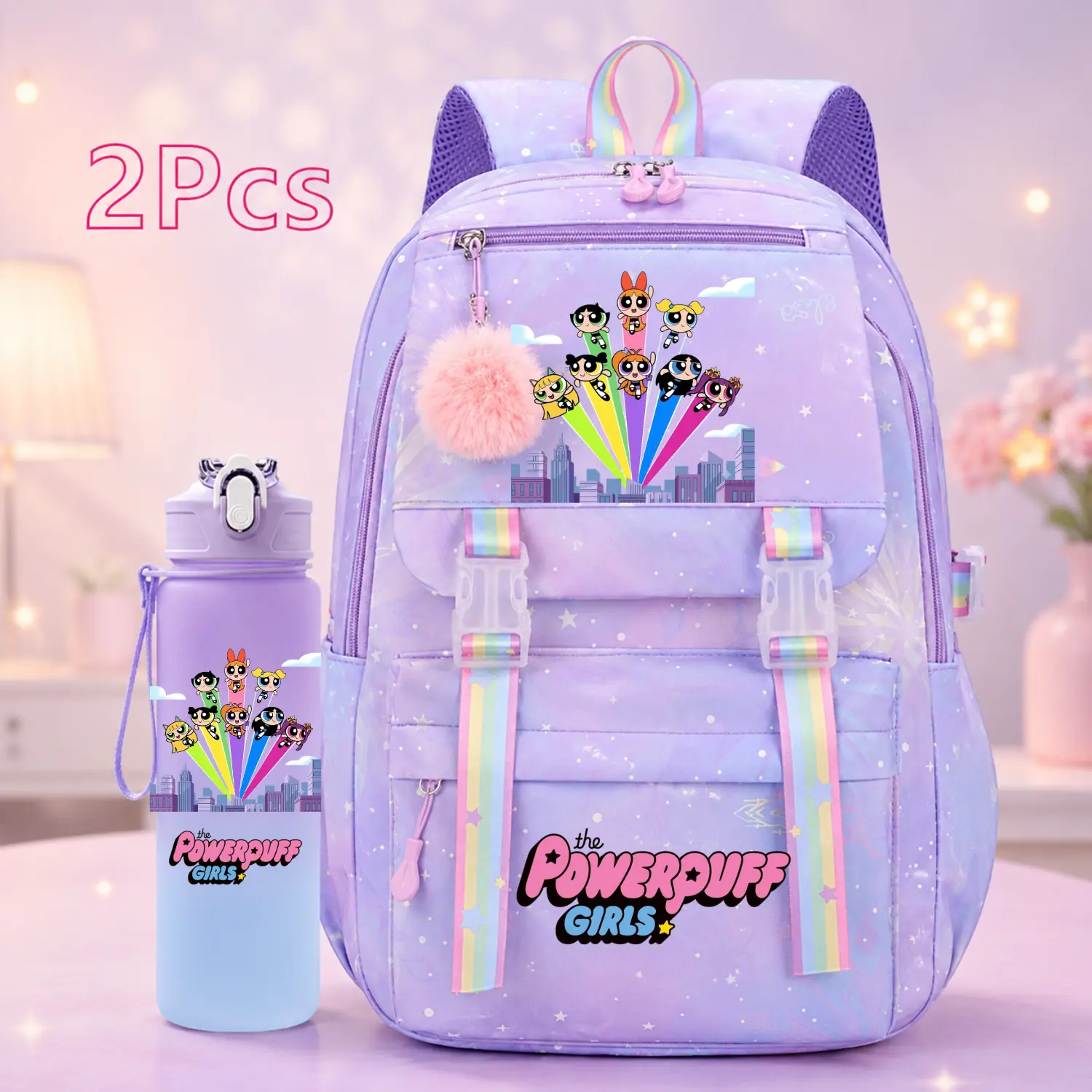 The Powerpuff Girls 2-Piece Backpack Set – Blossom, Bubbles & Buttercup School Bag with Water Bottle