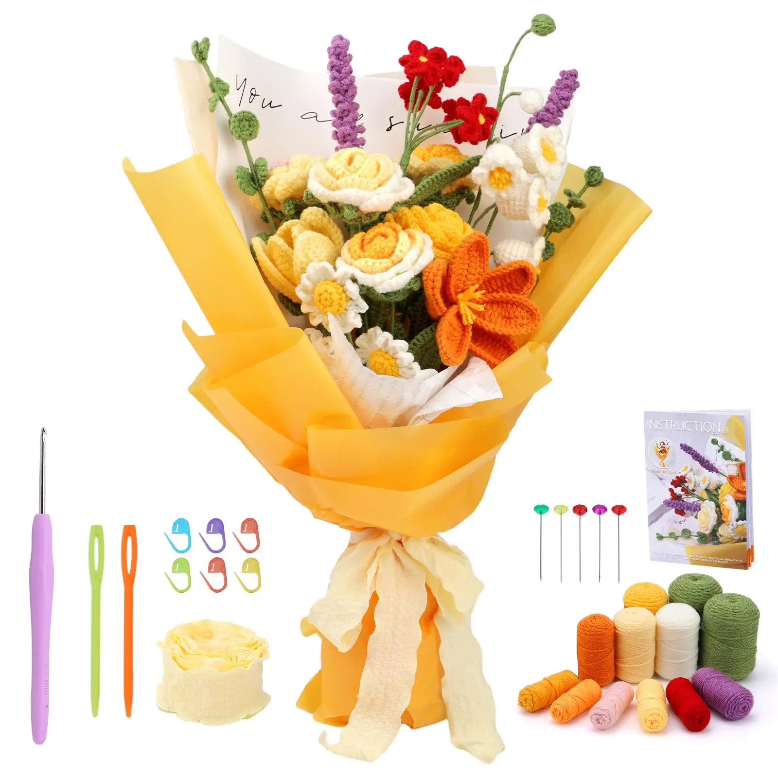 Crochet Kit for Beginners, 1 Count Rose Flowers Bouquet Crochet Starter Kit, Knitting Starter Kit with Crochet Yarn and Step-by-Step Instructions for