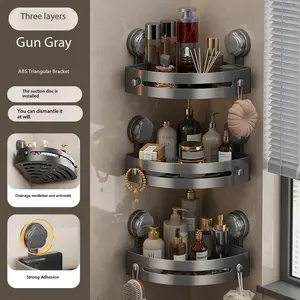 3-Pack Gun Gray ABS Triangular Suction Cup Shower Caddy 3-Tier Corner Shelves No Drilling Bathroom Organizer 40lbs Load Capacity Towels Hook Toiletries Storage Rack with Strong Adhesion