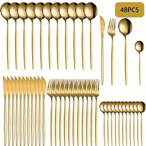 Stainless Steel Cutlery Set, 48pcs/set Including Fork & Knife & Spoon, Dishwasher Safe Tableware Set for Home Kitchen, Party, Dining Room, Dinnerware Service Set