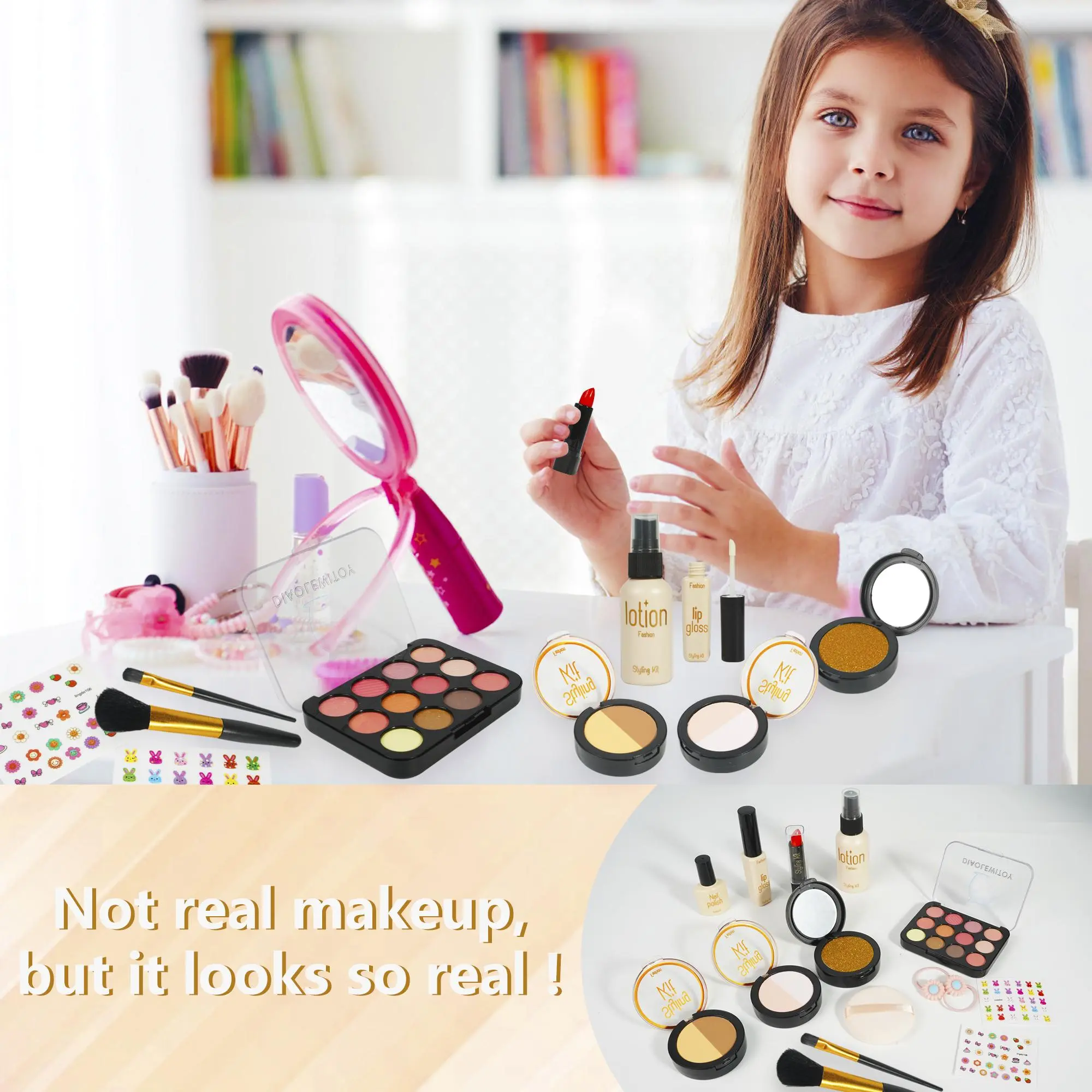 15PCS Complete Pretend Makeup Toy Set for Girls, Includes 12-Color Eyeshadow Palette, Fake Lipstick,