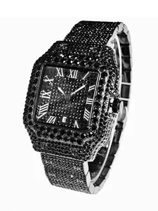 Men's Hip Hop Style Square Watch, Casual Wristwatch, Full Studs Roman Numerals Waterproof Quartz Watch, Dial Mineral Glass, Street Fashion