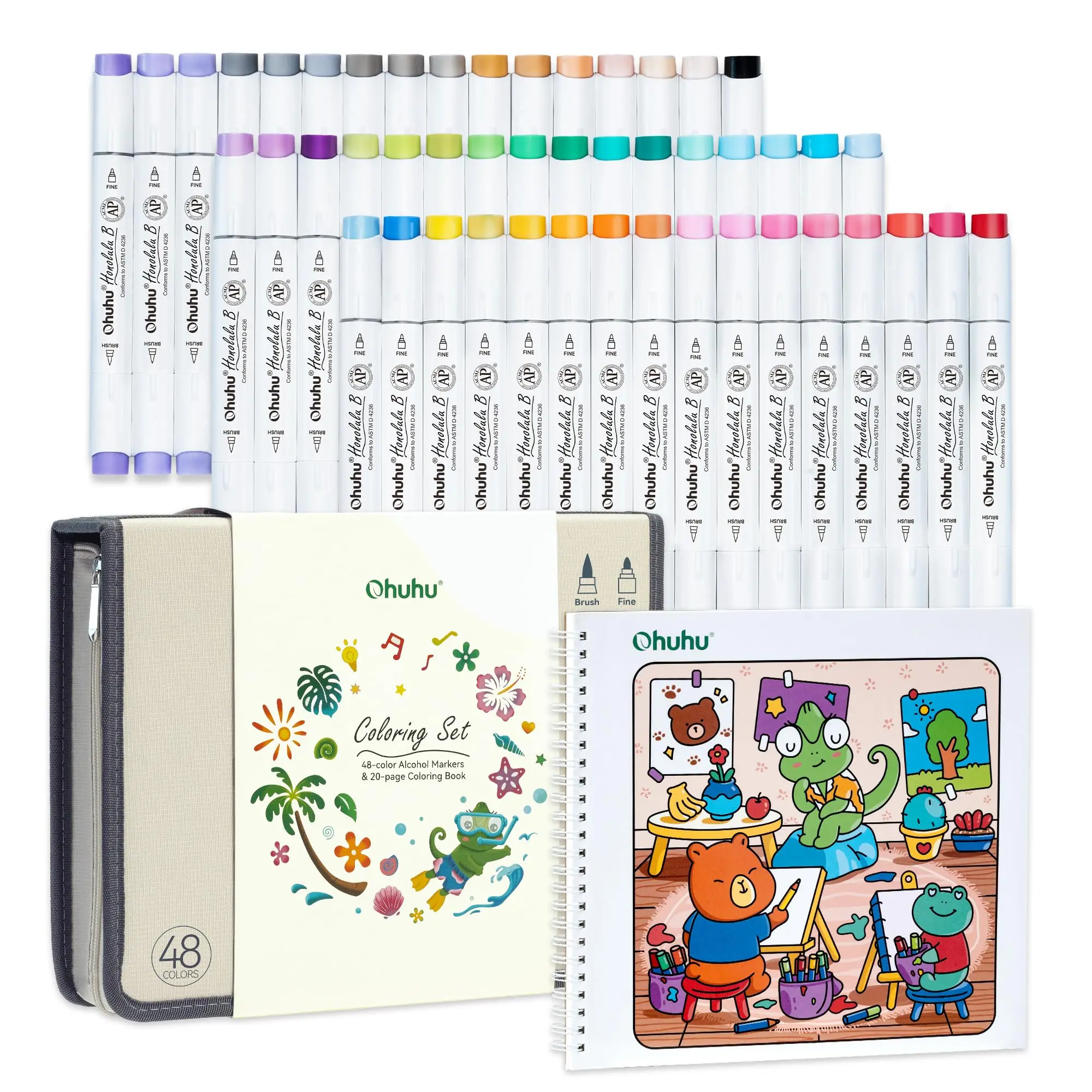 Ohuhu Alcohol Markers Set: Brush & Fine Dual Tip - 48 Colors - Alcohol Markers with Coloring Book - AP Certified - Refillable - Art Markers for Adult Coloring, Illustration, Stress Relieving Gift for Artists - Honolulu B Series Art Supplies Set of Ohuhu