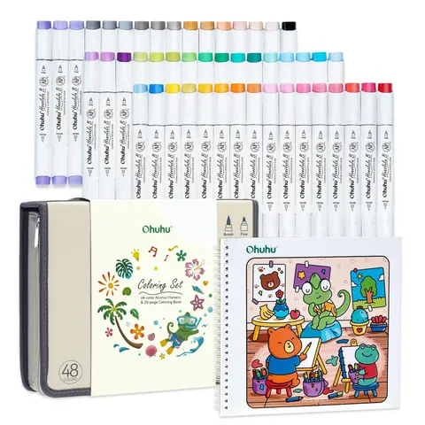 Ohuhu Alcohol Markers Set: Brush & Fine Dual Tip - 48 Colors - Alcohol Markers with Coloring Book - AP Certified - Refillable - Art Markers for Adult Coloring, Illustration, Stress Relieving Gift for Artists - Honolulu B Series Art Supplies Set of Ohuhu