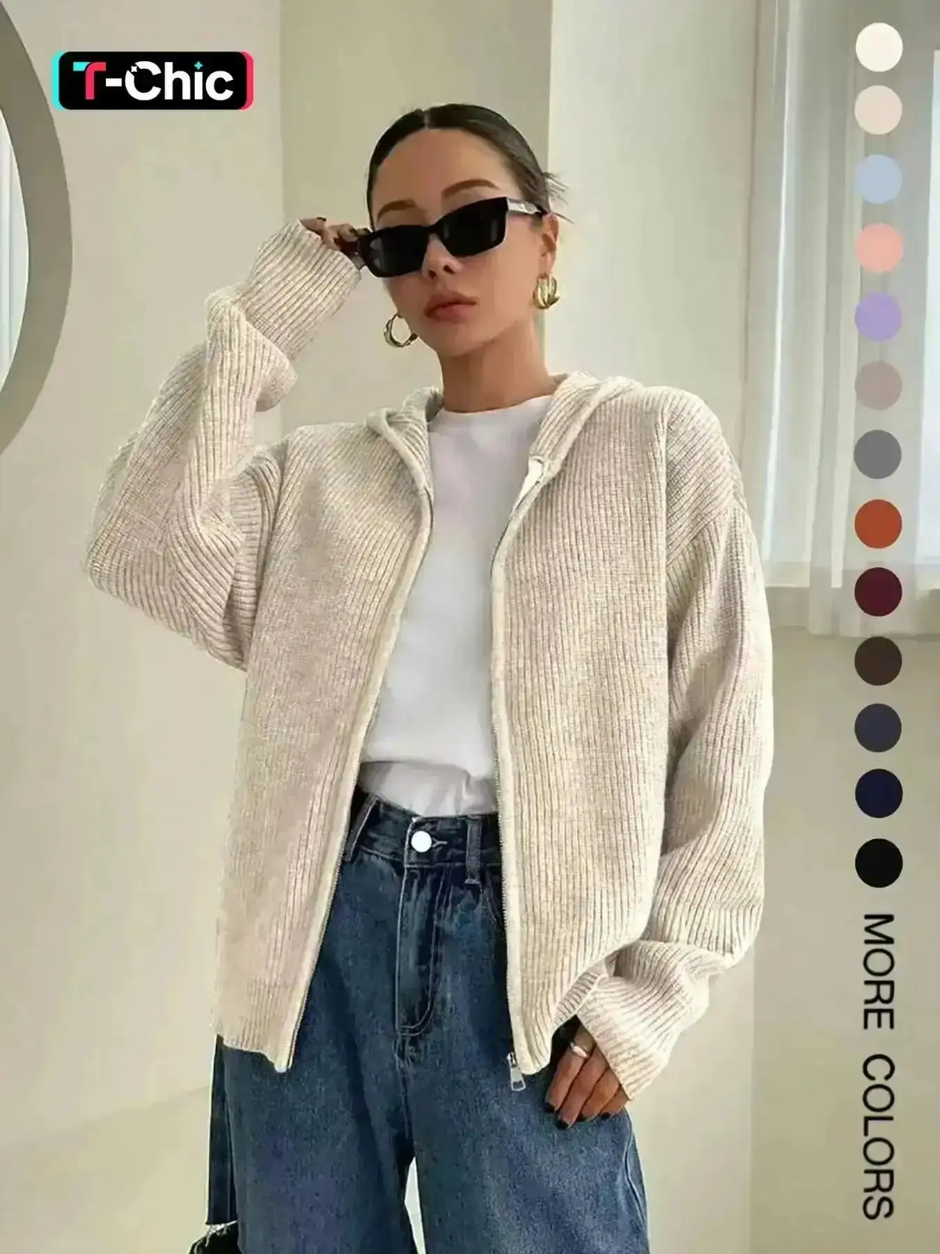Women's Solid-Color Zip-Up Hooded Cardigan, Womenswear Casual Fit Basic Long Sleeve Knitting Knitwear for Fall & Winter, Ladies' Fashion Sweater for Daily Wear, Everyday Essential, Style Essential, Fashion Forward