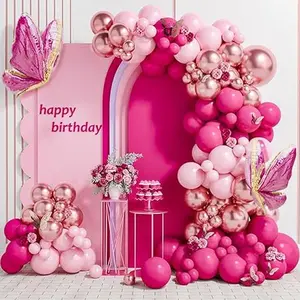 Pink Butterfly Balloon Arch Garland Kit 112pcs Pastel Pink Rose Gold Balloons with 2pcs Butterfly Foil Balloons for Birthday Party Decorations Baby Shower Decorations for Girls