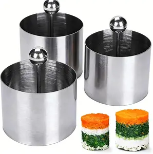 3Pcs Stainless Steel Sushi Mold Set with Presser, Round Food Presentation Cooking Rings, Onigiri Mold for Tuna Tartare Pastry Cake Forming, 3 Sizes 2.3'' 2.7'' 3.1''