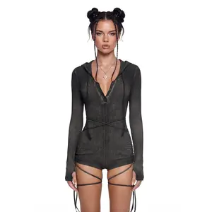 Crossfade Hooded Long Sleeve Romper - Black