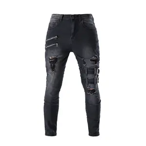 Men's Skinny Fit Denim Jeans - Menswear Pants with Zipper Buckle Strap, Distressed Washed Stretch Fabric, Soft Texture, Pocket, Streetwear Clothes for Young Adult Males summerwins,summerwins
