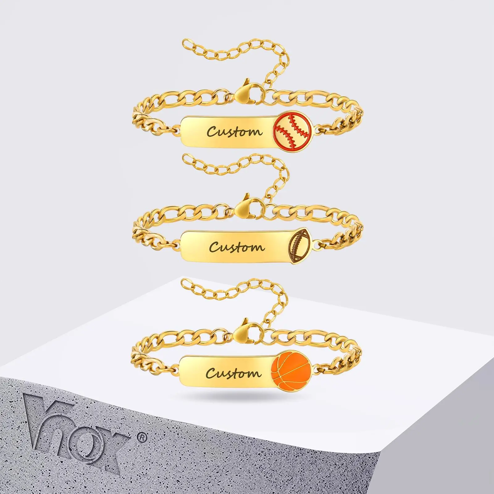 Vnox Custom Kids Name Adjustable ID Bracelets, Gold Color Stainless Steel Baseball Rugby Basketball Bracelet for Baby Girls Boys
