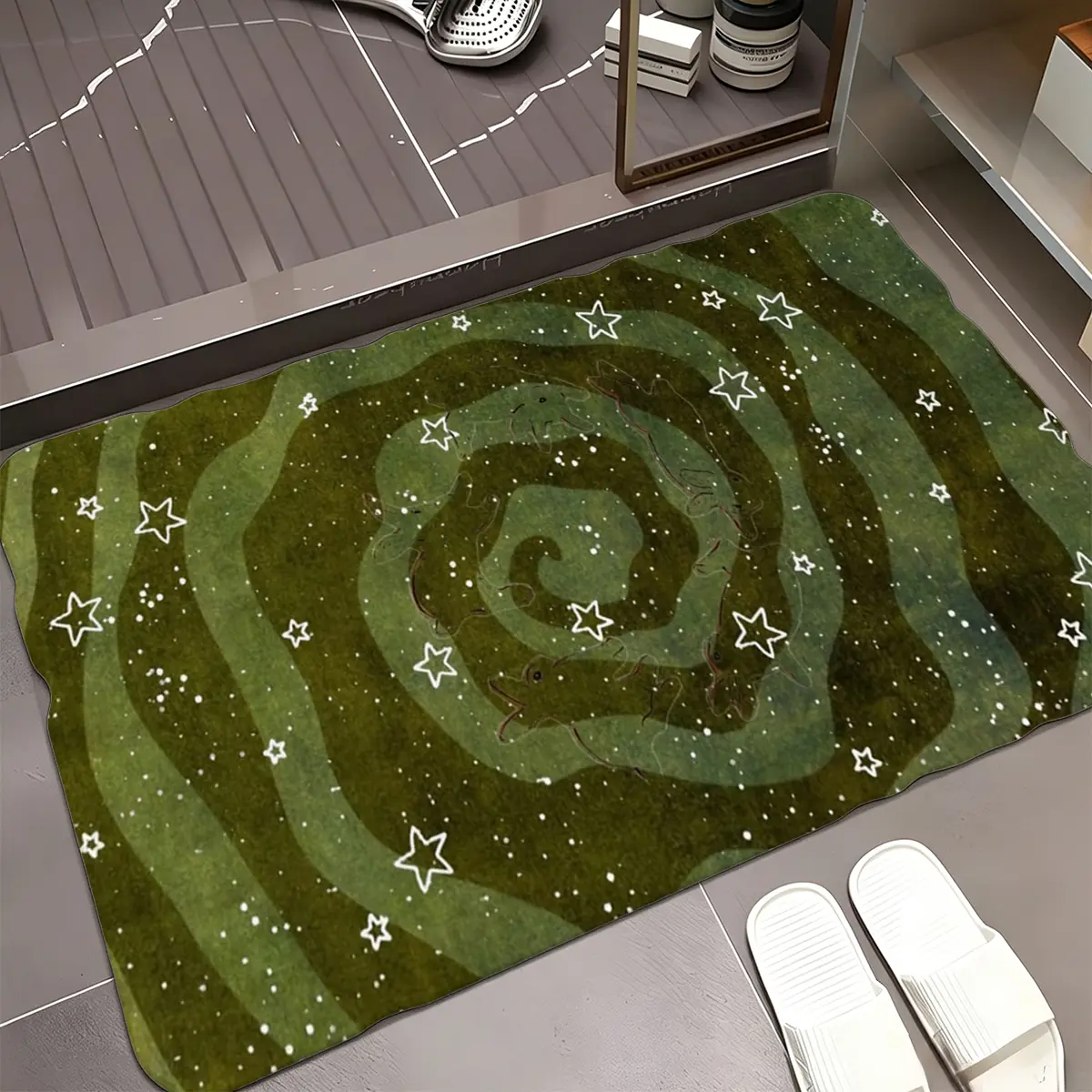 Green Swirl Star Flannel Floor Mat, Abstract Galaxy Flannel Area Rug, Celestial Spiral Area Rug for Bedroom Bathroom Living Room Entryway, Boho Room Decor Accent, Stain Resistant Carpet, Christmas Birthday Housewarming Gift